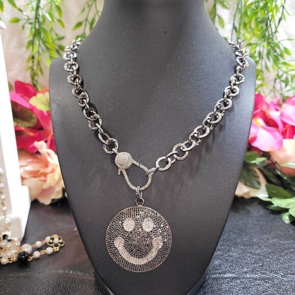 Black Diamond Smiley Face Necklace - Picture 3 of 17